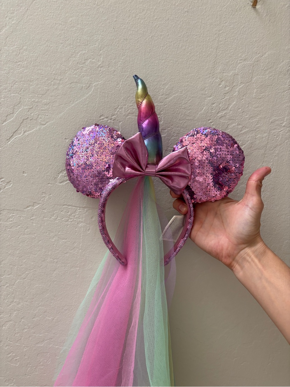 Disney Parks Pink Sequin Unicorn Minnie Mouse Ears Headband with Rainbow Horn